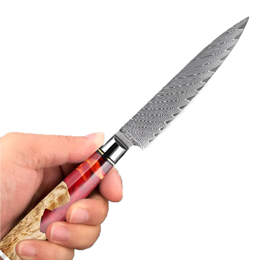 5 Inch Versatile Damascus Utility Kitchen Knife With Red Resin Handle