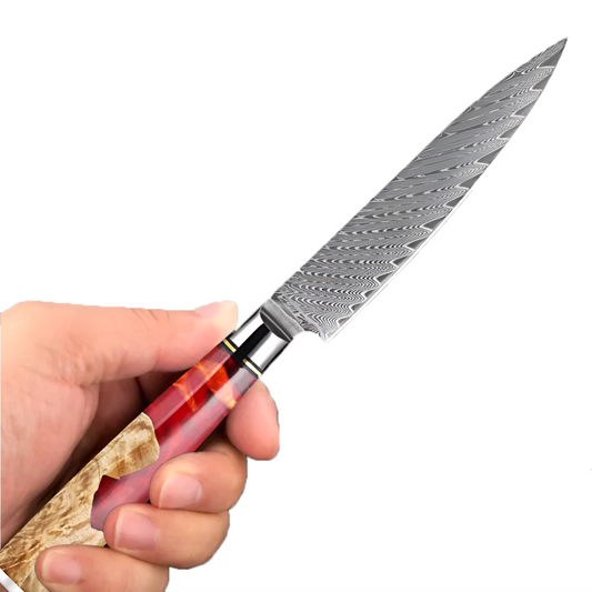 5 Inch Versatile Damascus Utility Kitchen Knife With Red Resin Handle