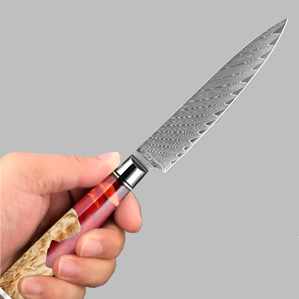 5 Inch Versatile Damascus Utility Kitchen Knife With Red Resin Handle