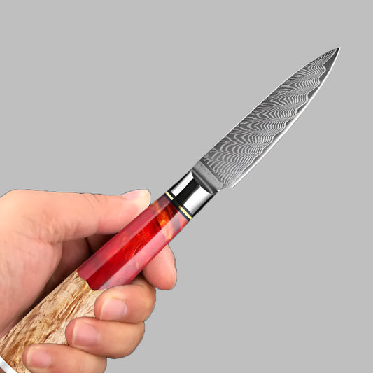 3.5 Inch Damascus Paring Knife with Red Resin and Ergonomic Handle