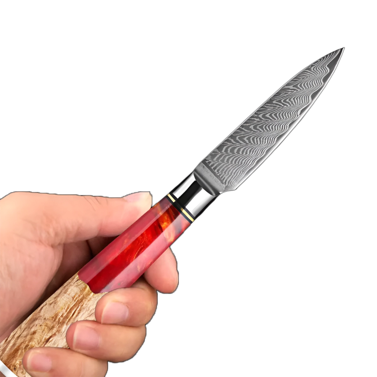 3.5 Inch Damascus Paring Knife with Red Resin and Ergonomic Handle