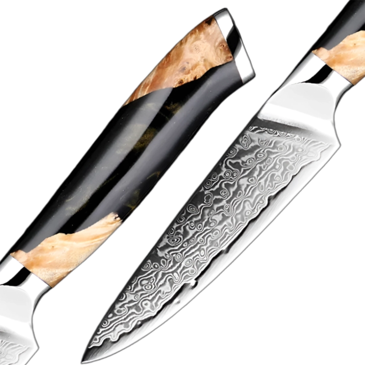3.5 Inch Damascus Paring Knife With Black Resin And Burl Handle