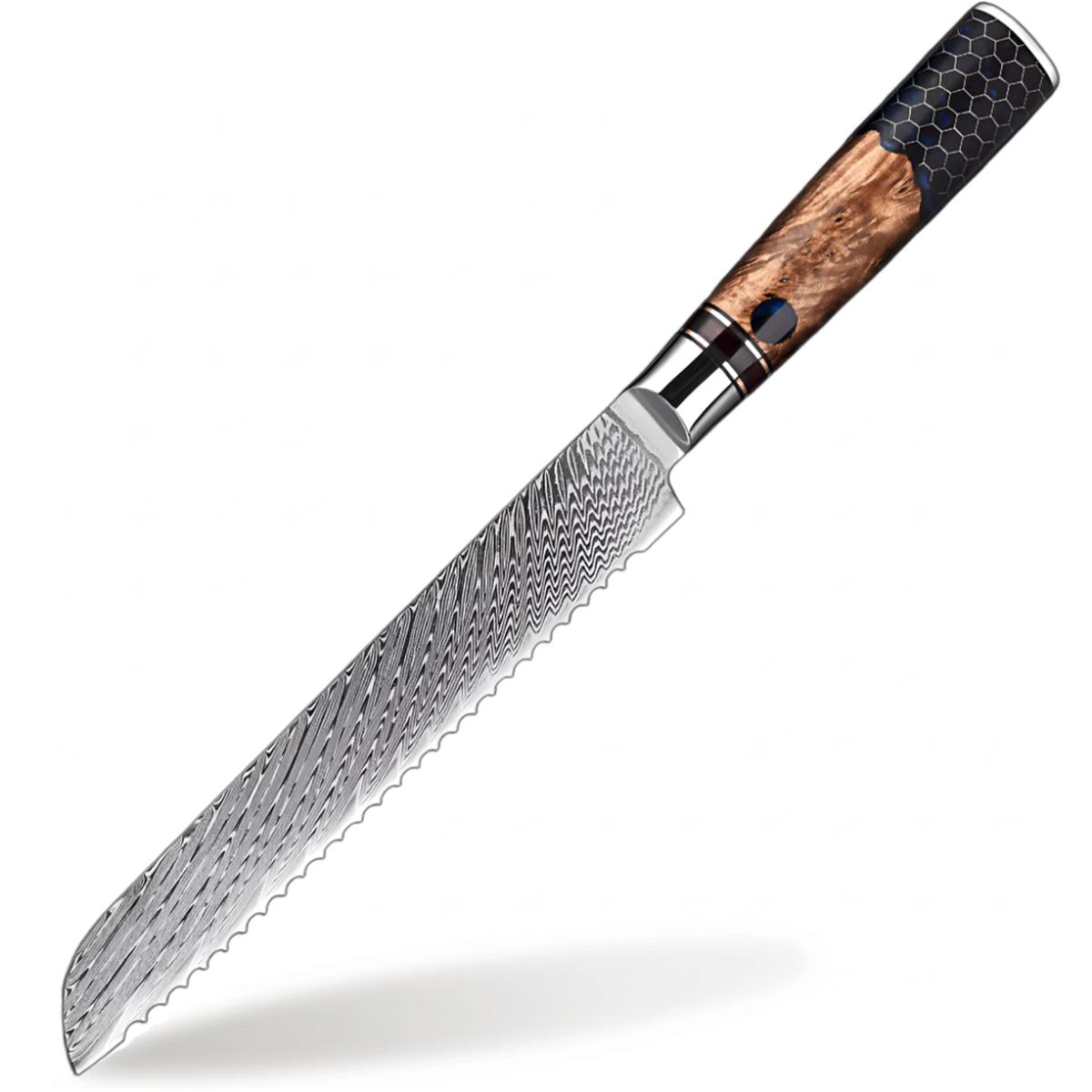 Damascus Steel 8 inch Bread knife with Blue Resin Honeycomb Handle