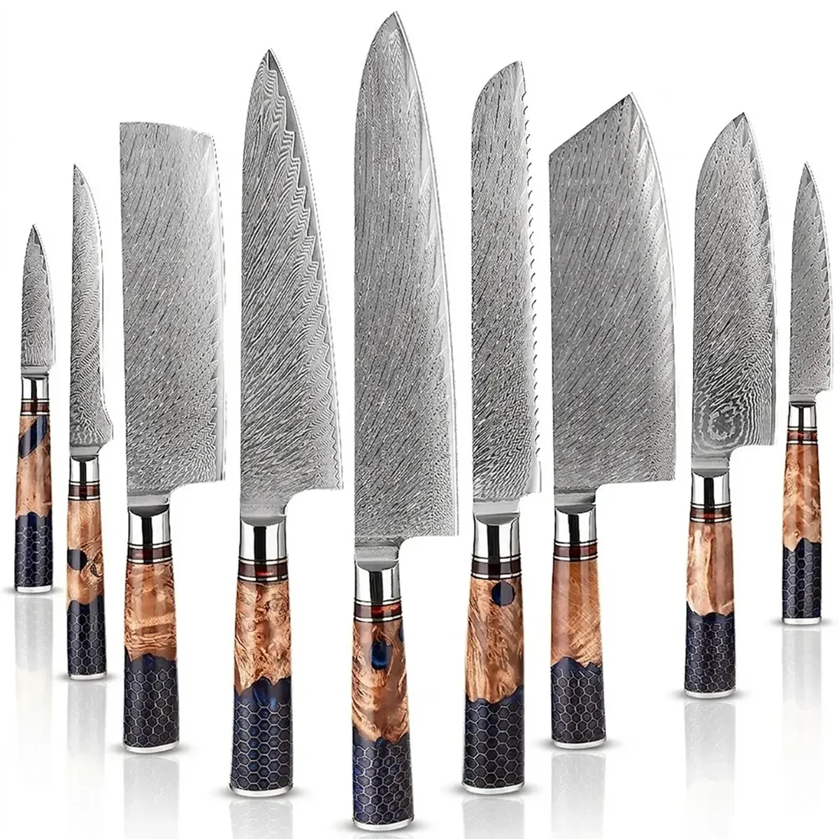 Set of 9 Damascus Steel Knife Set with Blue Resin Honeycomb Handle