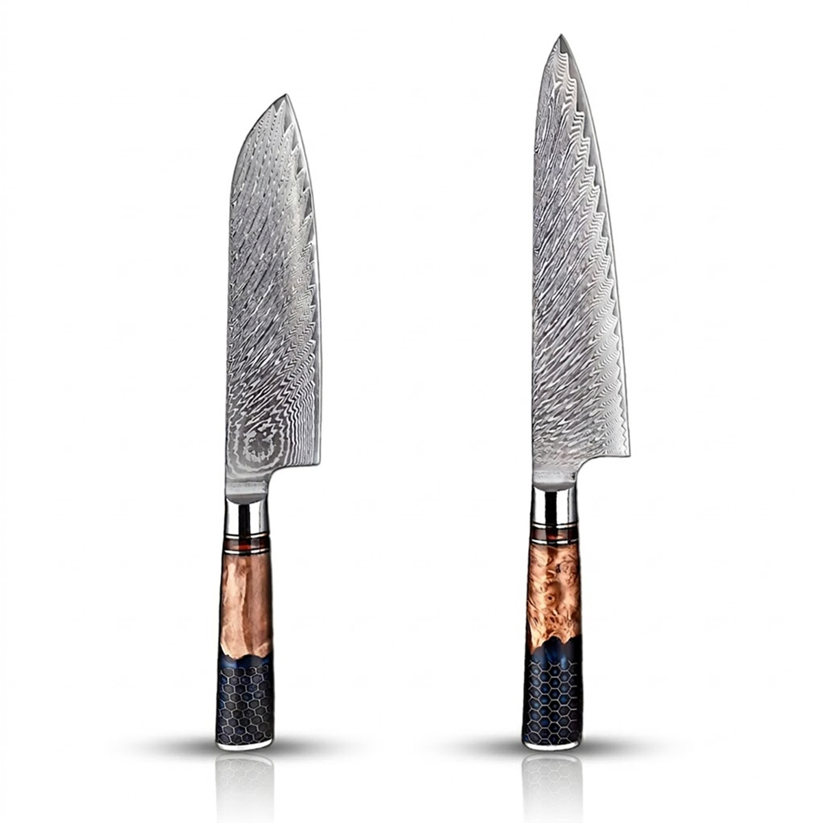 Two Damascus steel kitchen knives with wooden handles on a white background