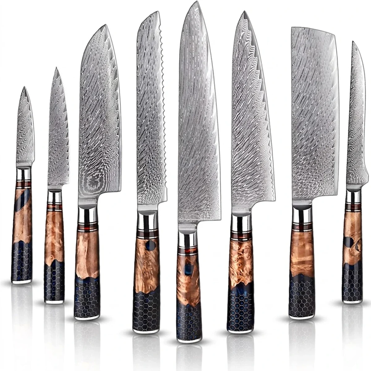 Set of Damascus steel kitchen knives with wooden handles on a white background