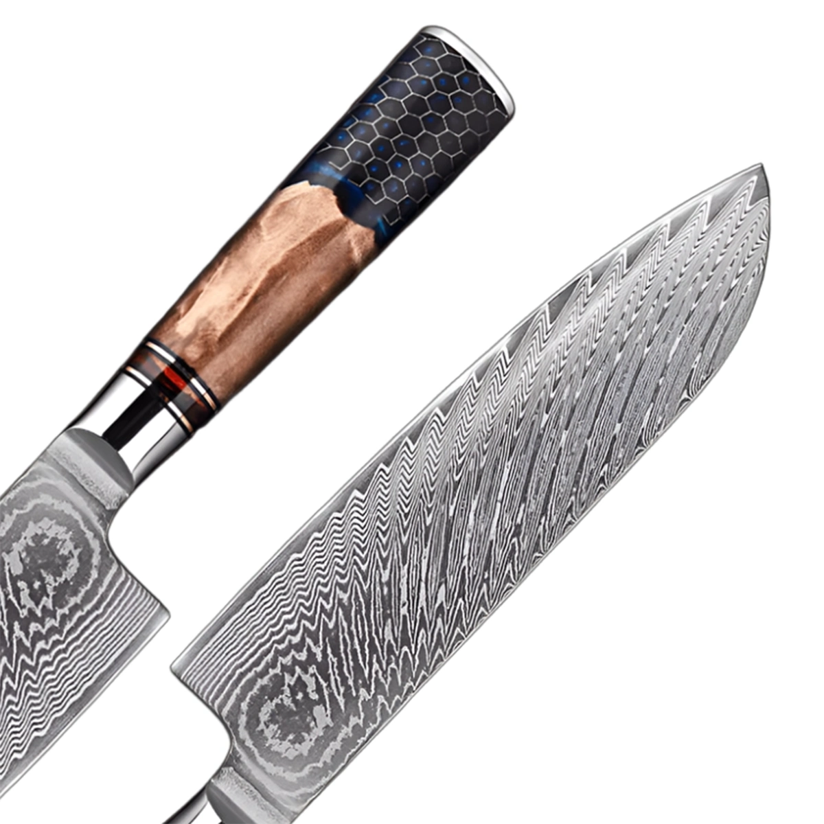 Damascus Steel Knife with Blue Resin Honeycomb Handle