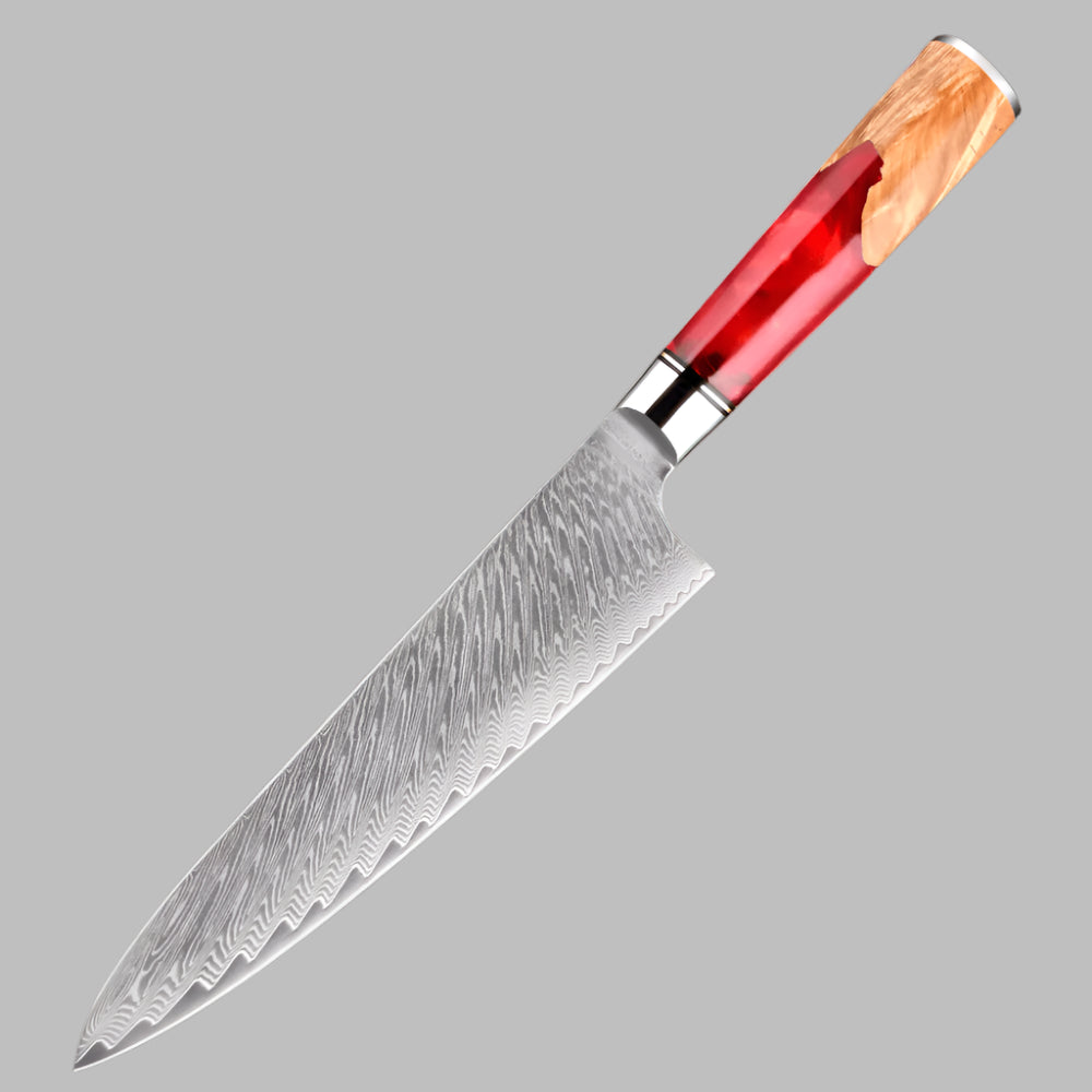 Damascus Steel 8 Inch Chef Knife with Coloured Red Resin Handle - Sharp Blades