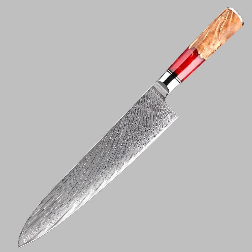 Damascus Steel 9.5 Inch Chef Knife with Coloured Red Resin Handle - Sharp Blades