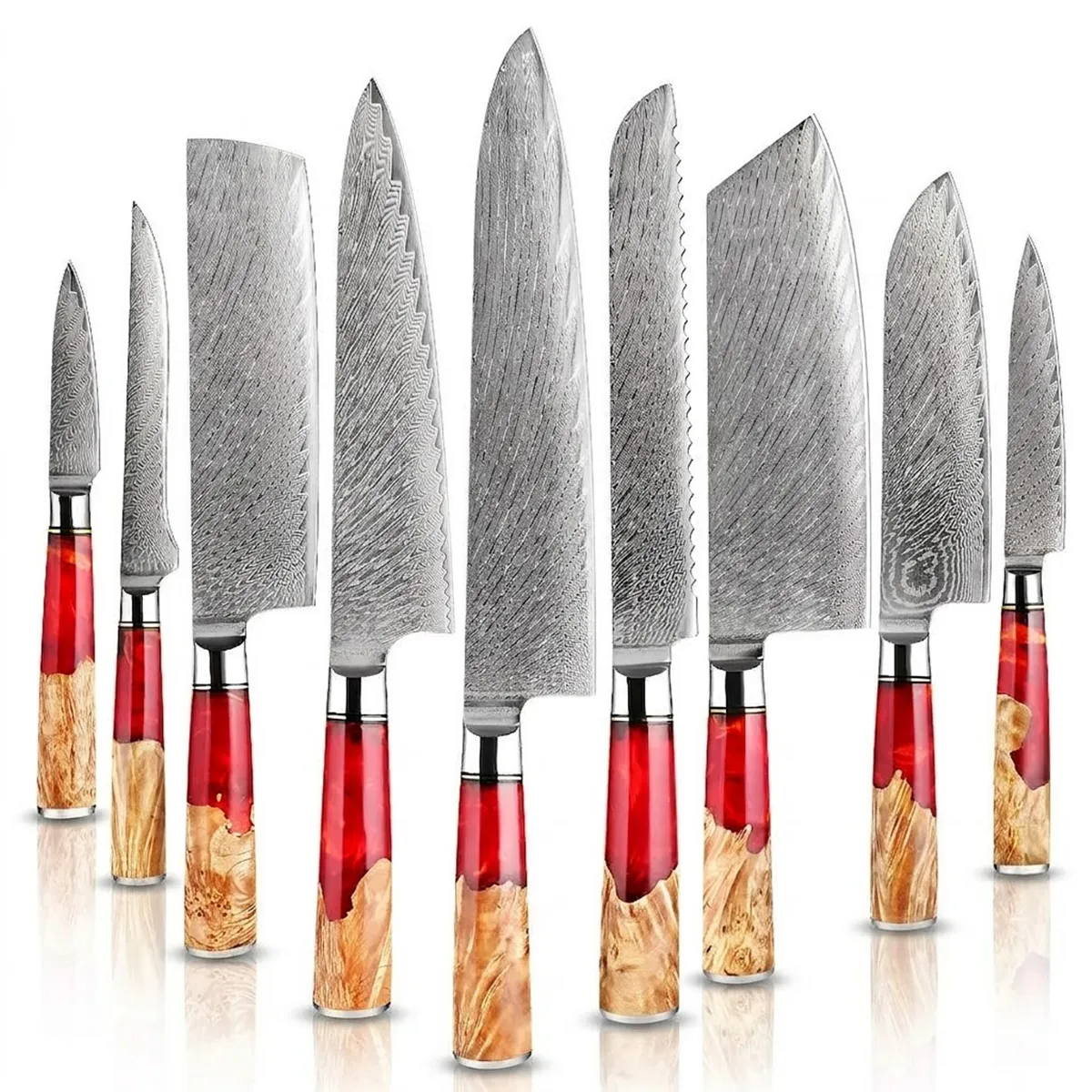 9-Piece Japanese VG10 Damascus Kitchen Knife Set with Red Resin Handle