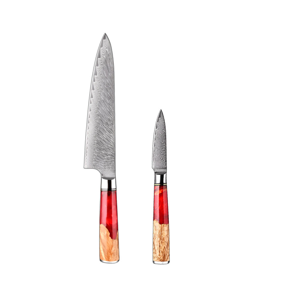 Two knives with red and wooden handles on a gray background