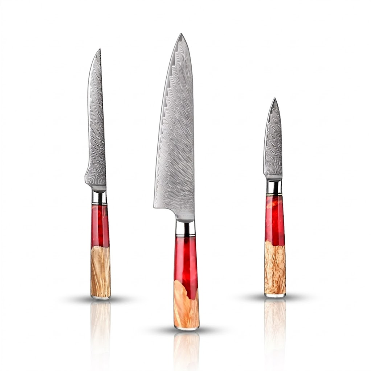 3-Piece Japanese VG10 Damascus Kitchen Knife Set with Red Resin Handle