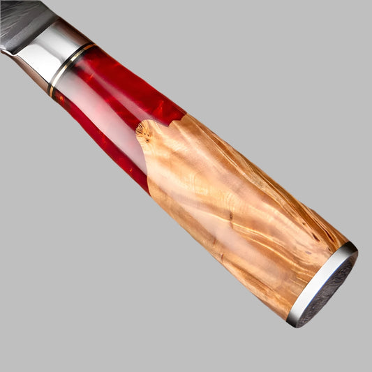 Damascus Steel Knife with Coloured Red Resin Handle
