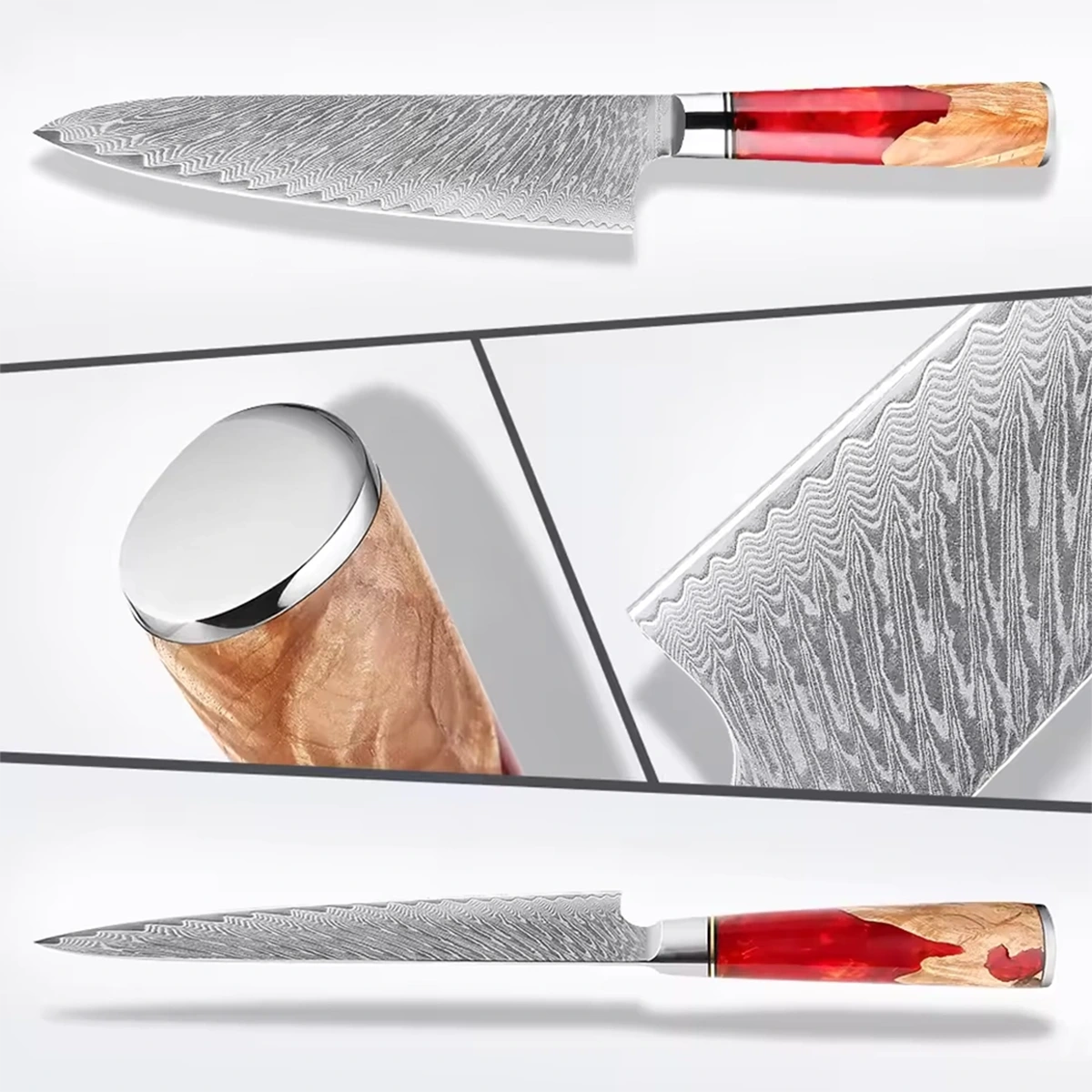 Damascus Steel Knife with Coloured Red Resin Handle