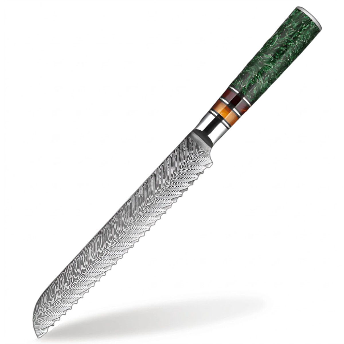 Damascus Steel 8 Inch Bread knife with Green Resin Handle