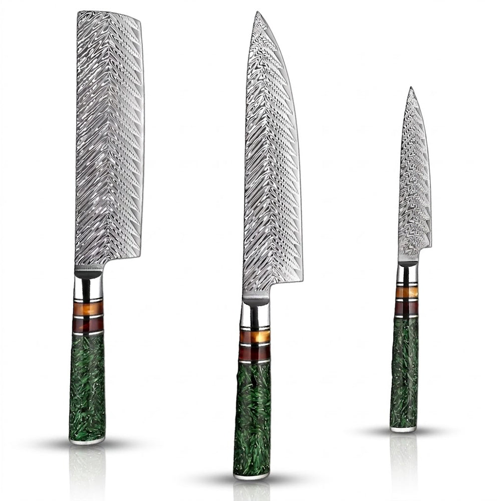 Damascus Steel 8 Inch Chef knife, 7 Inch Nakiri knife and a 5 Inch Utility knife with Green Resin Handle