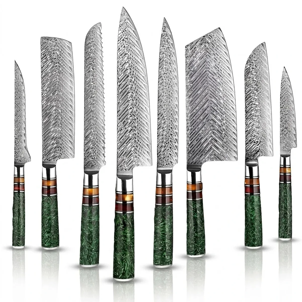 Damascus Steel Knife Set of 8 with Green Grain Shell Resin Handle