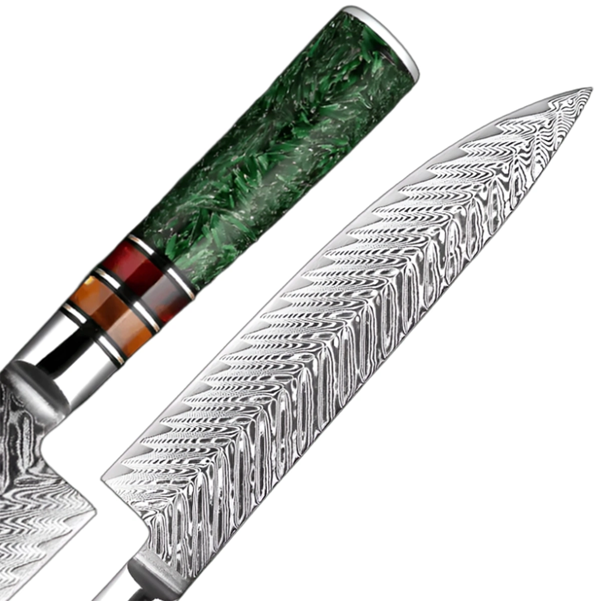 Damascus Steel Knife Set with Green Resin Handle