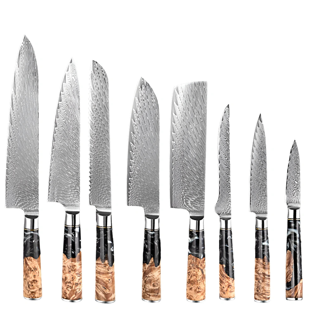 8 PCS Damascus Steel with Black Resin Handle