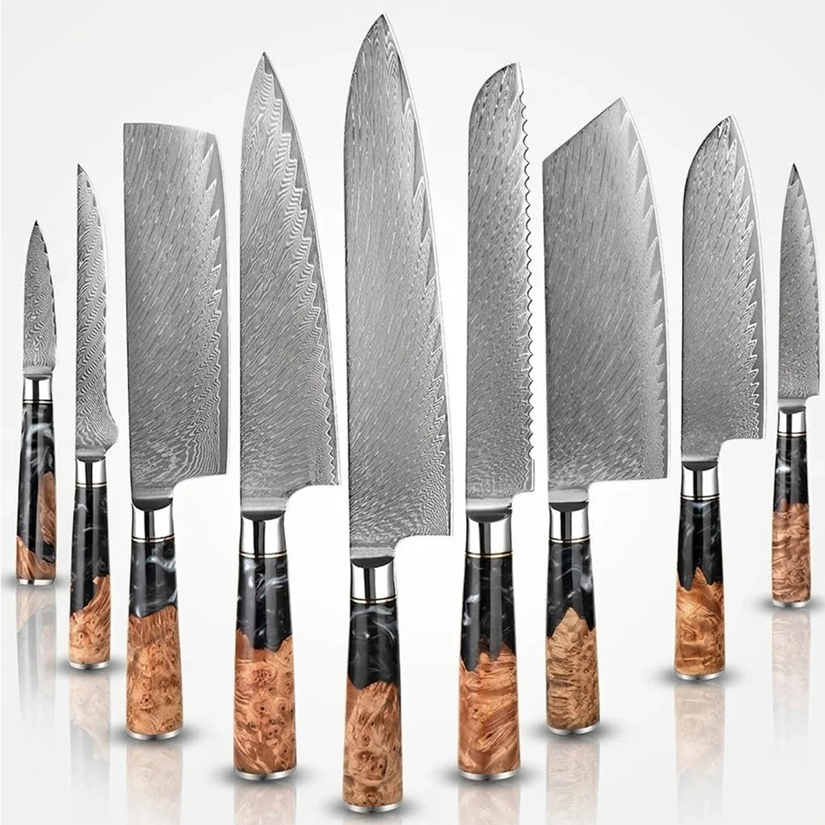 Damascus Steel Knife Set of 9 with Coloured Black Resin Handle