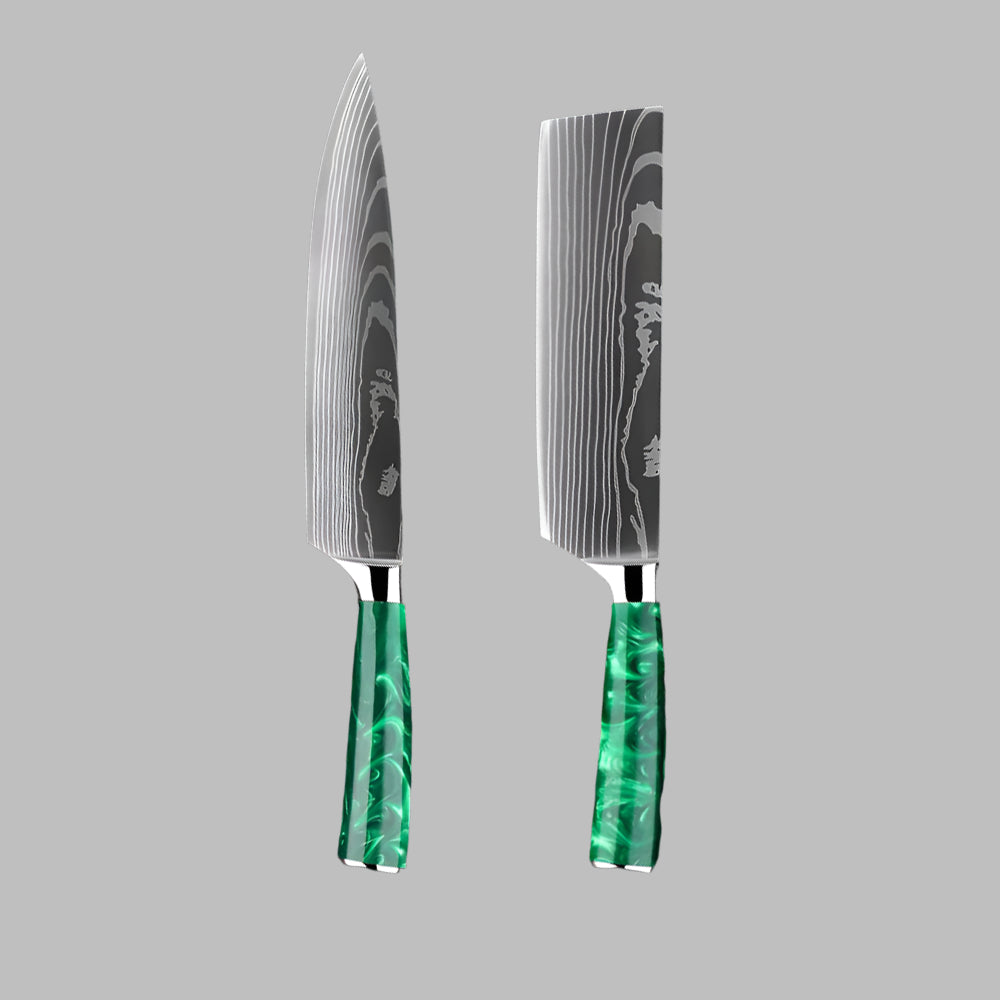 Stainless Steel Laser Damascus Pattern 8 Inch Chef Knife and 7 Inch Nakiri Knife With Green Resin Handle