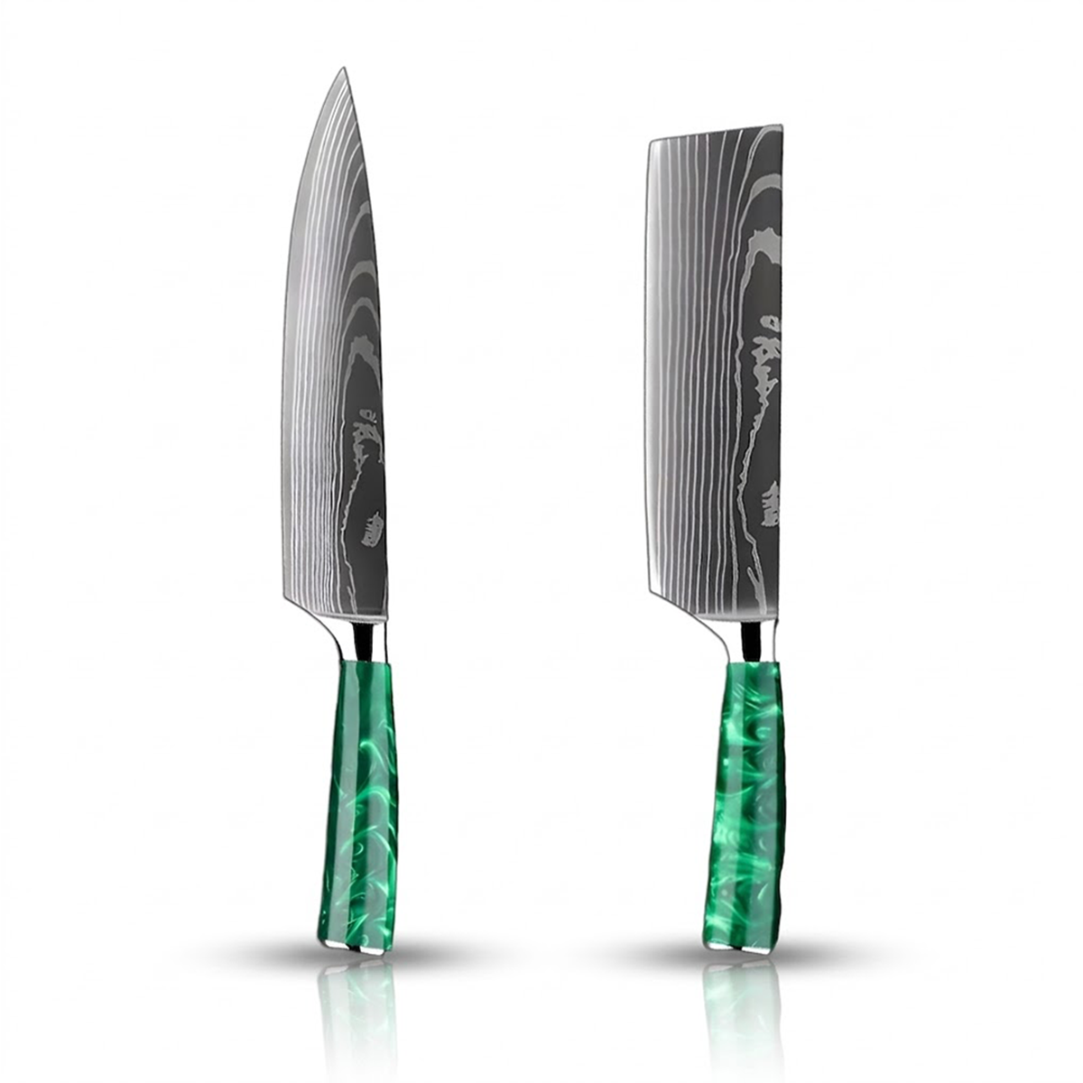 Stainless Steel Laser Damascus Pattern 8 Inch Chef Knife and 7 Inch Nakiri Knife With Green Resin Handle