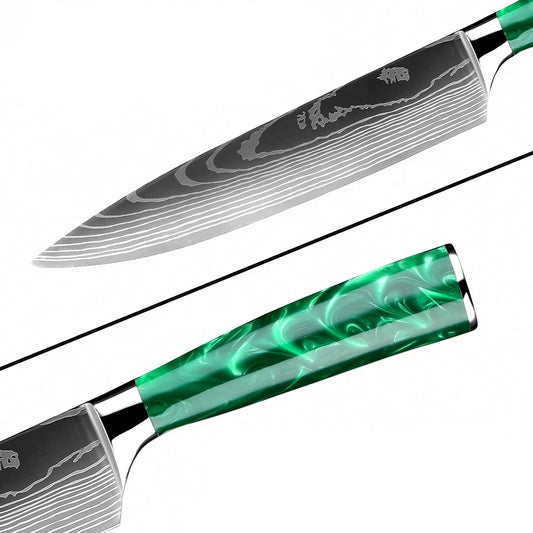 Stainless Steel Laser Damascus Pattern Set With Green Resin Handle