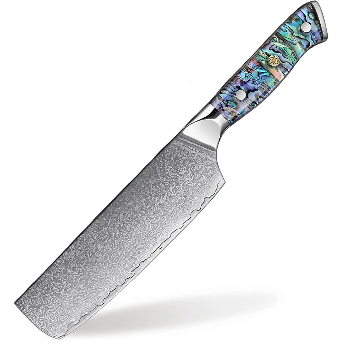 Decorative chef's knife with a colorful handle on a gray background