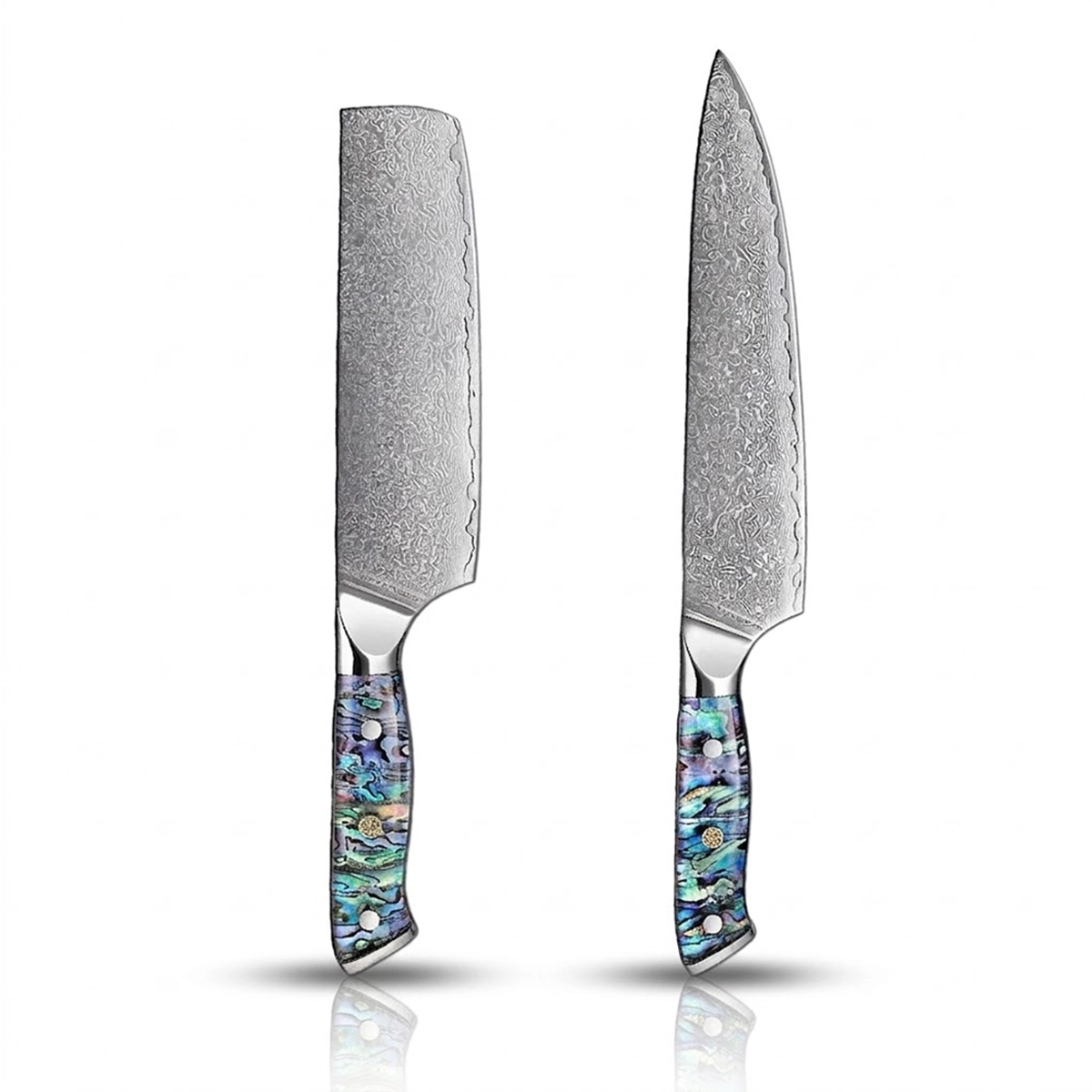 Two knives with abalone handles on a gray background