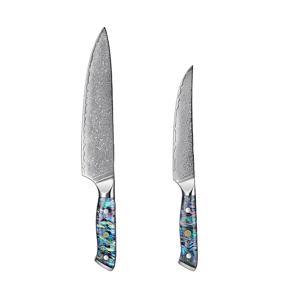 Two knives with abalone handles on a gray background