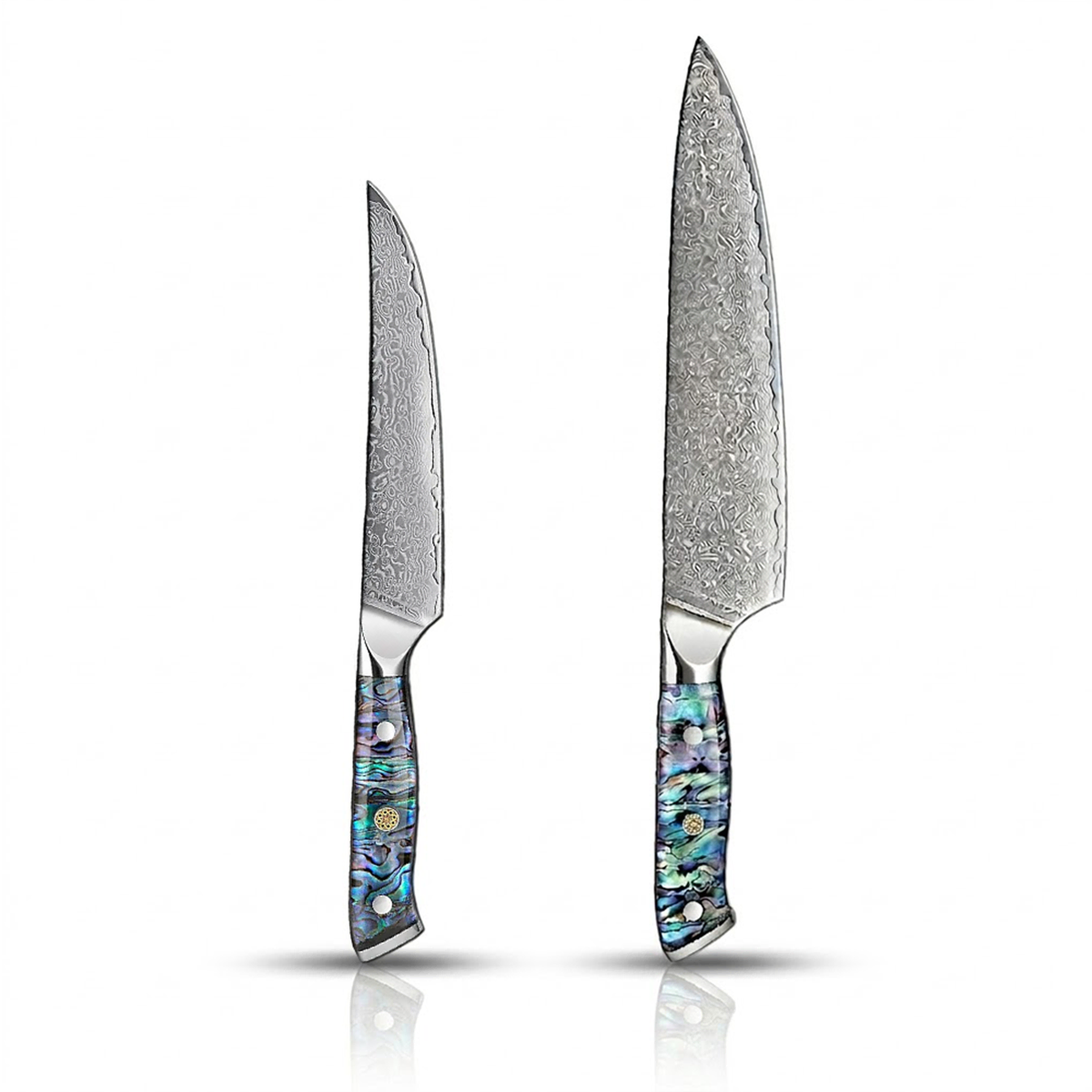 Two knives with abalone handles on a gray background