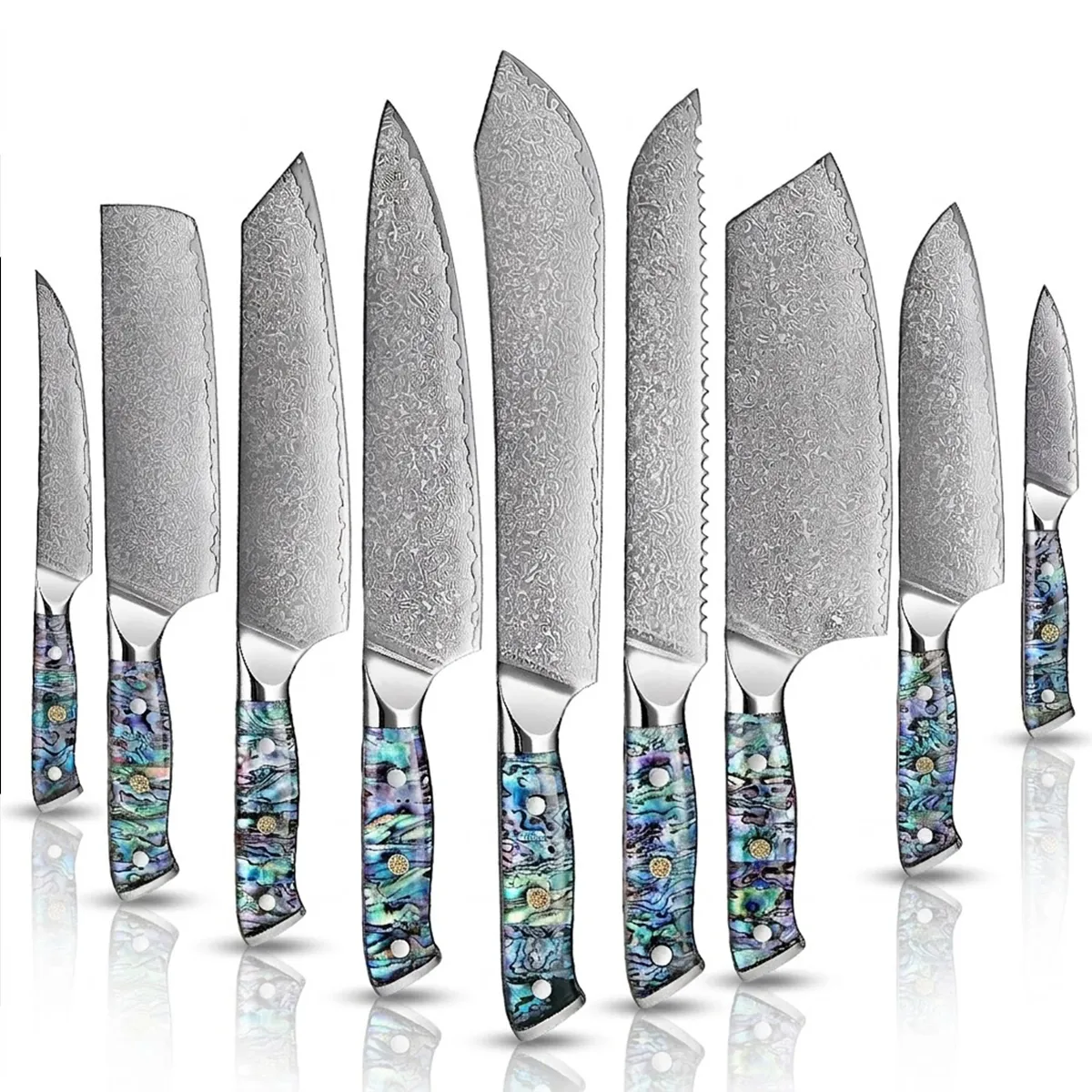 9 Piece Damascus Steel Knife Set with Abalone Handle
