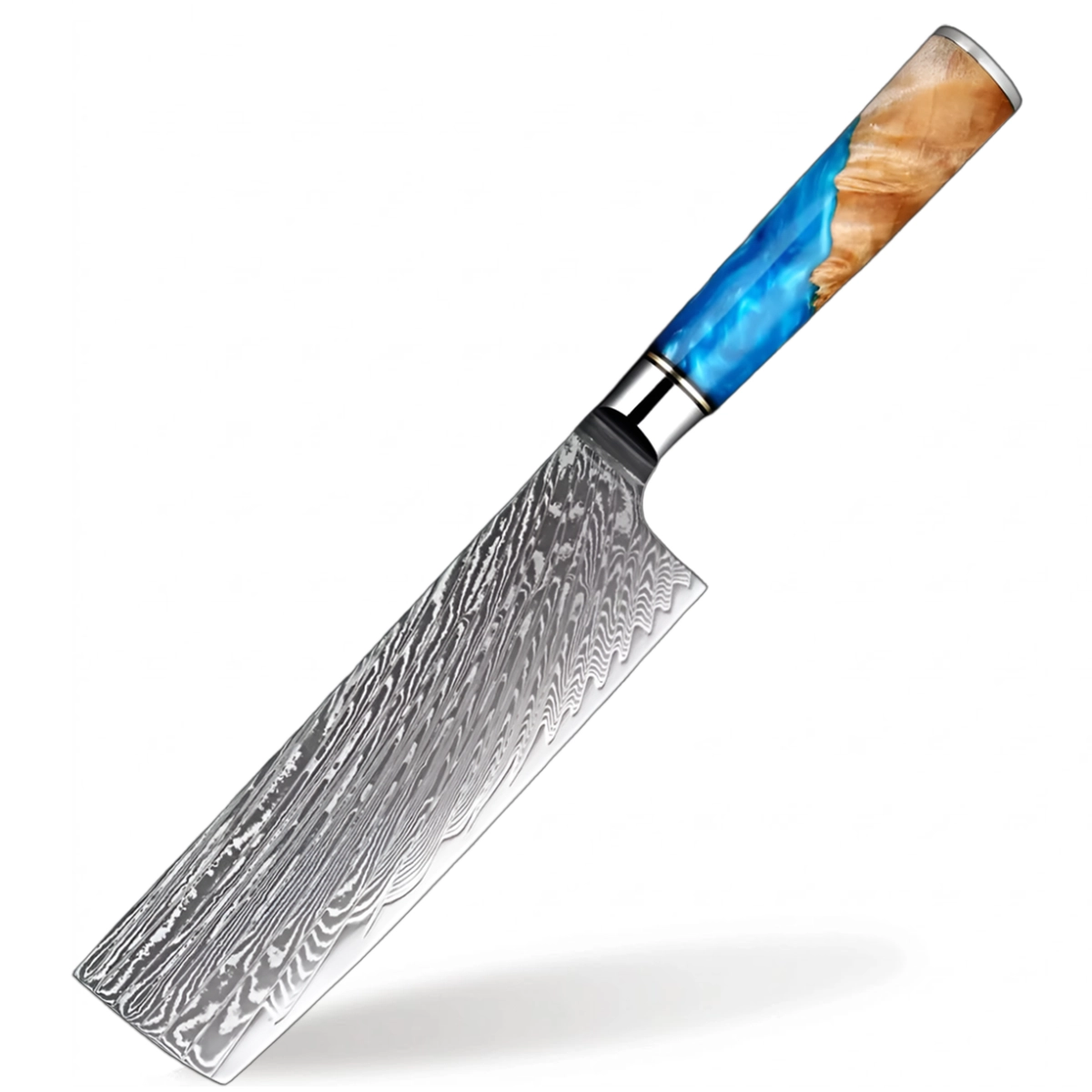 7 Inch Japanese VG10 Damascus Steel Nakiri Knife with Coloured Blue Resin Handle