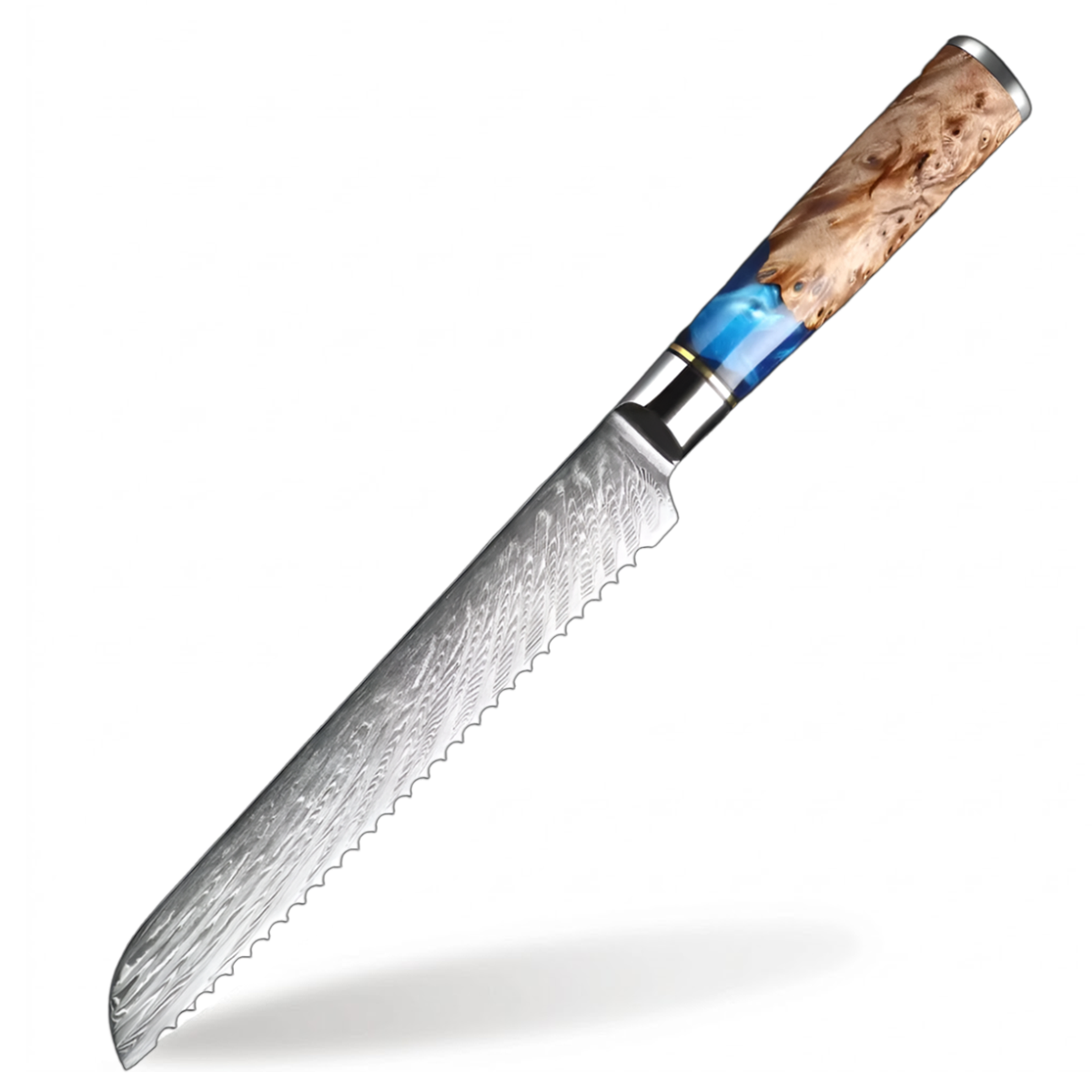 8 inch Japanese VG10 Damascus steel bread knife with blue resin and wood handle