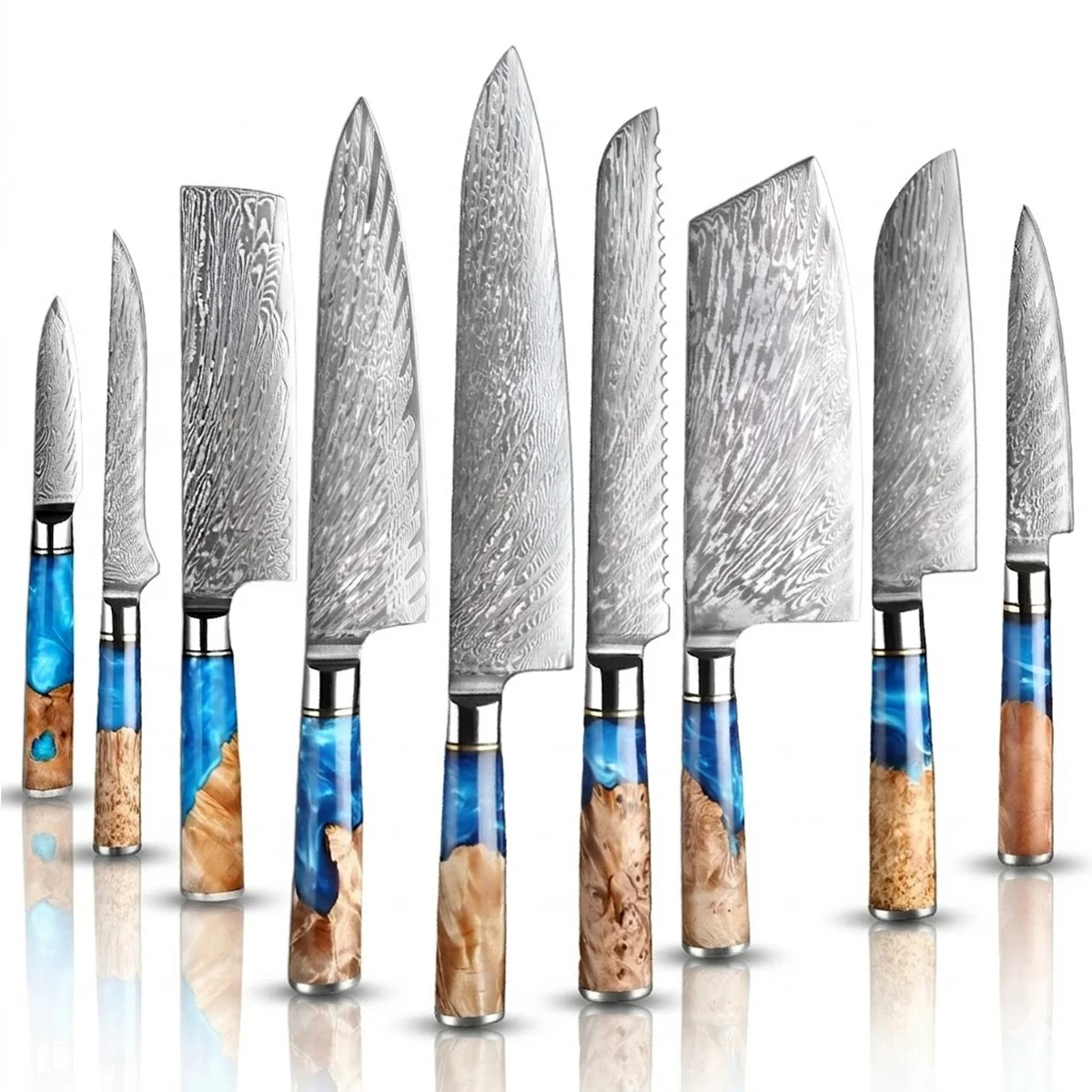 9 PCS Japanese VG10 Damascus Steel Knife with Coloured Blue Resin Handle
