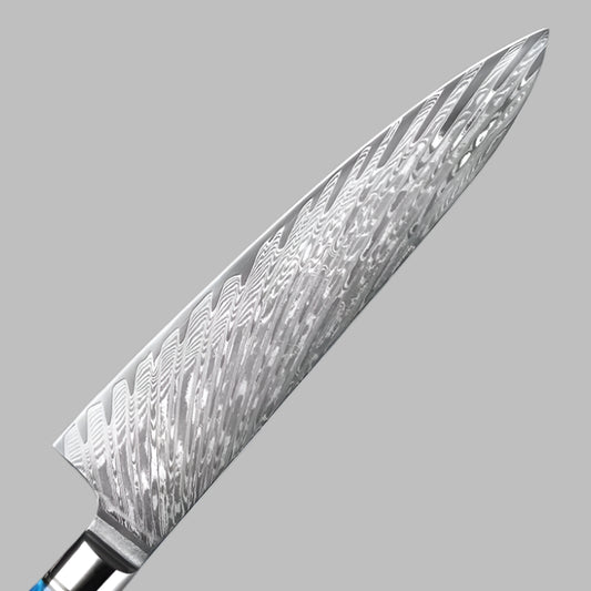Damascus Steel Knife with Coloured Blue Resin Handle