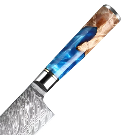 Damascus Steel Knife with Coloured Blue Resin Handle