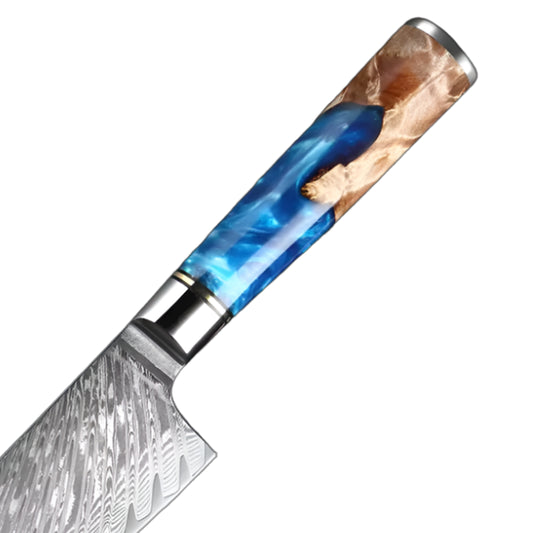 Damascus Steel Knife with Coloured Blue Resin Handle