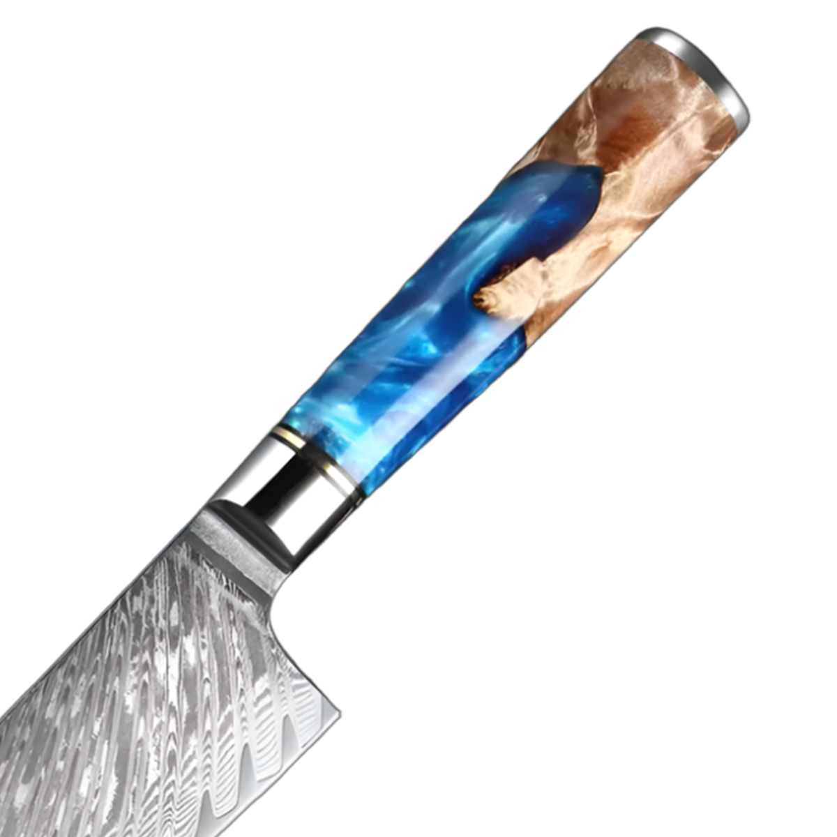 Close-up of Blue Resin and Burl Wood Handle on Japanese VG10 Damascus Steel Knife