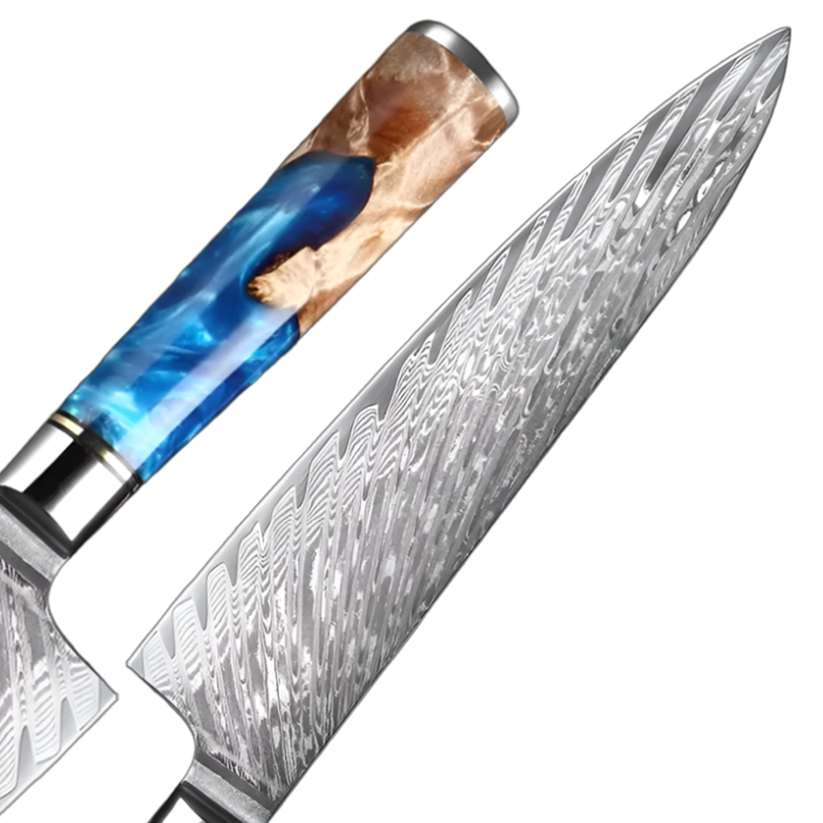 Close-up of Blue Resin and Burl Wood Handle and blade of a Japanese VG10 Damascus Steel Knife