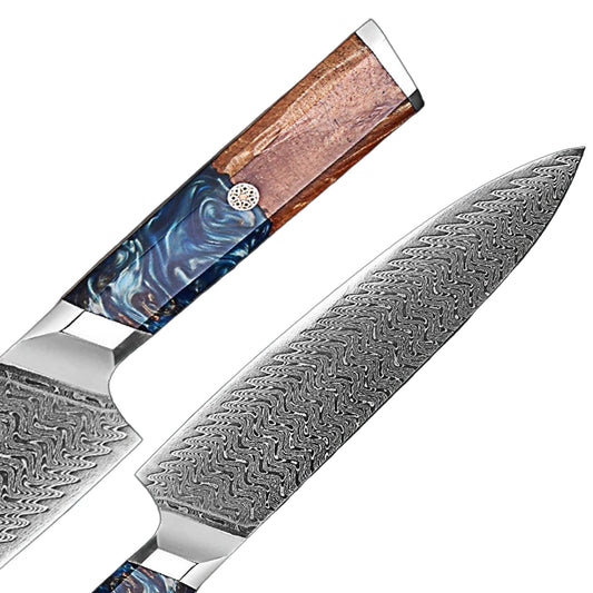 Decorative chef's knife with a wooden handle and patterned blade on a gray background