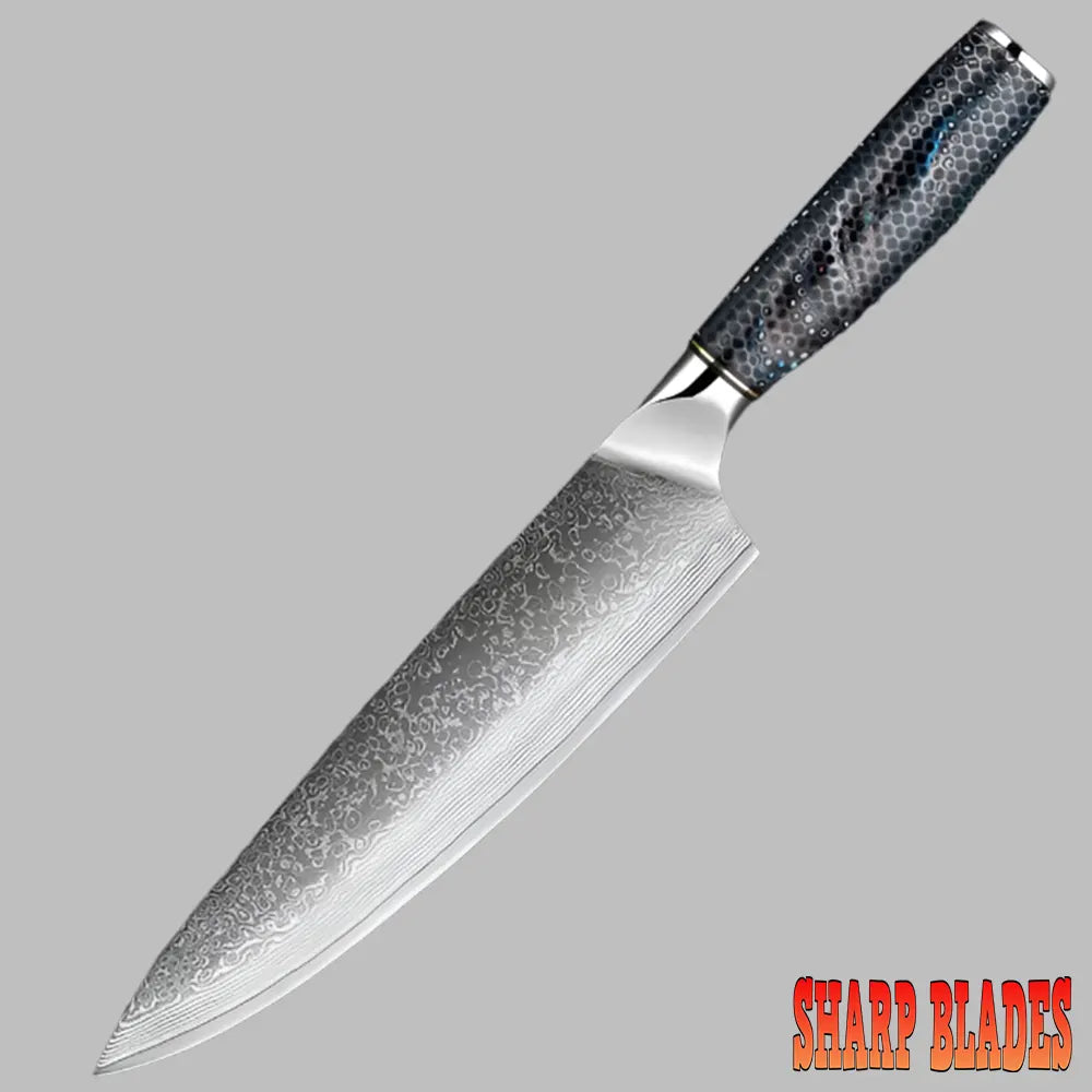 8 Inch Damascus Steel Chef Knife with Blue Resin Honeycomb Handle