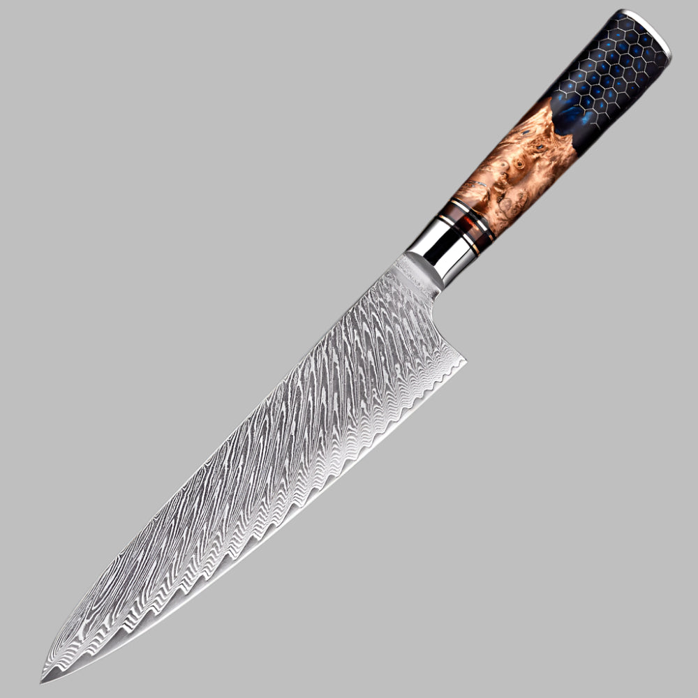 Damascus Steel 8 inch Chef knife with Blue Resin Honeycomb Handle