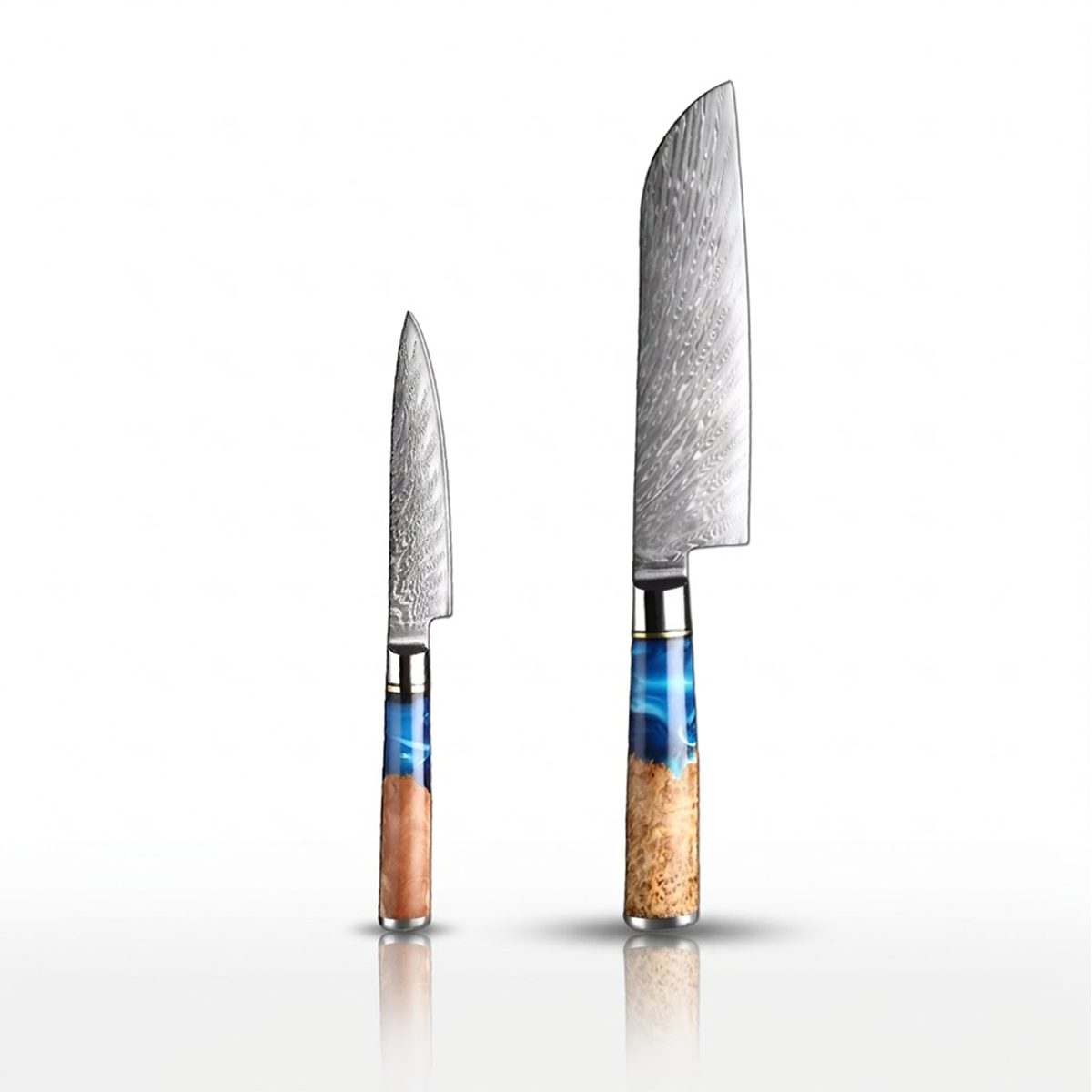 2-Piece Japanese VG10 Damascus Kitchen Knife Set , santoku and utility with Blue Resin Wood Handle