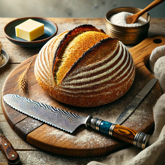Artisan bread has a golden crispy crust, surrounded by a premium damascus steel bread knife