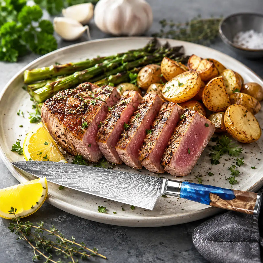 Pan-Seared Tuna Steak with Garlic, Lemon & Herbs