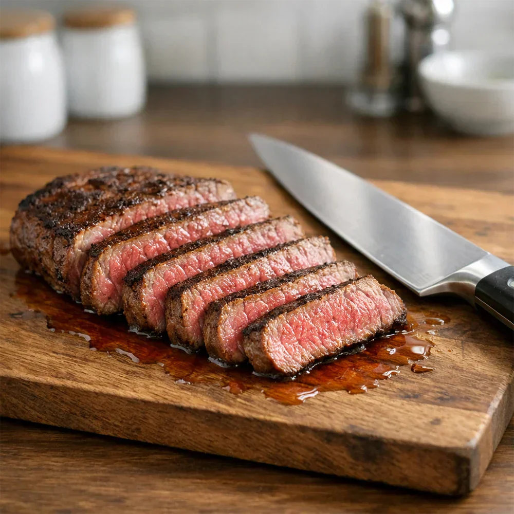 perfectly sliced garlic butter steak with sharp chef knife close up