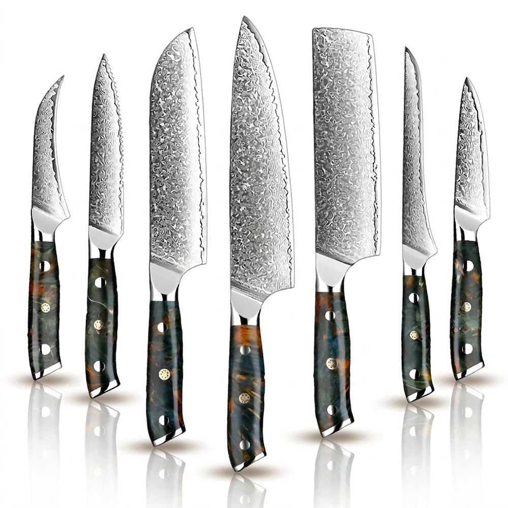 A set of Damascus steel kitchen knives with various blade lengths and wooden handles.