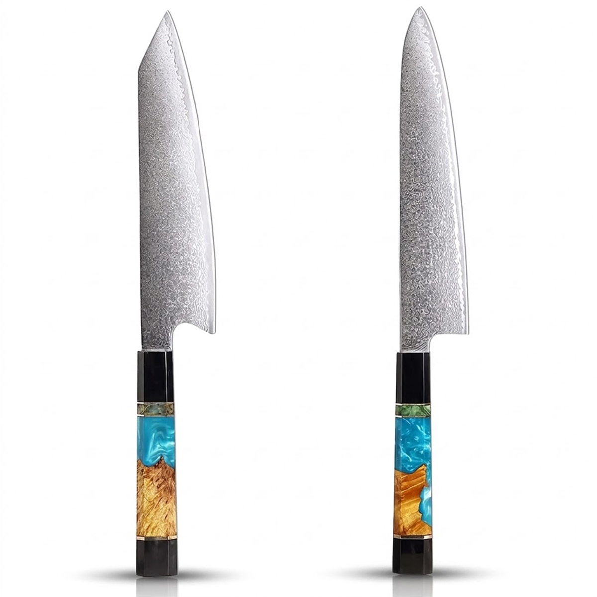 Two kitchen knives with decorative handles on a white background