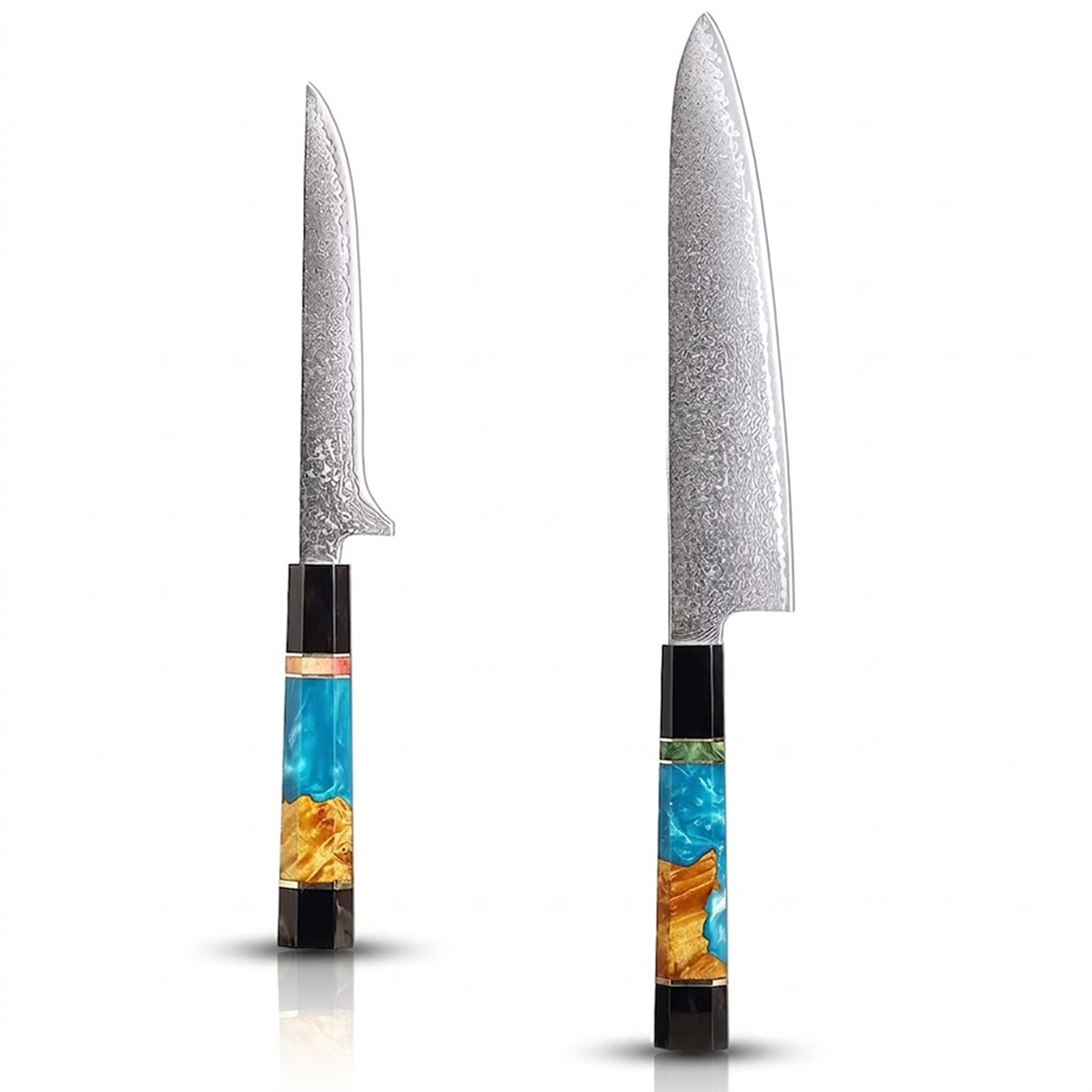 Two knives with decorative handles on a white background